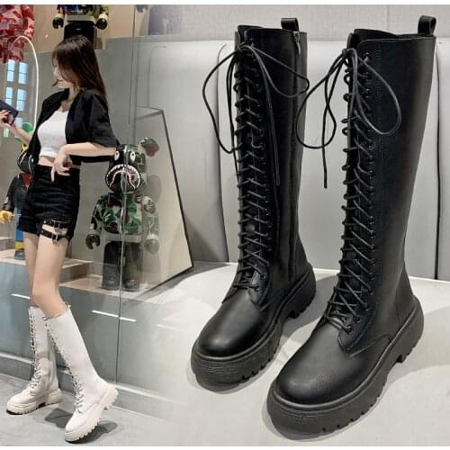 2021 Womens Boots Autumn Winter Ladies High Boots Round Toe Platform Rubber Boots For Woman Boots Black Botas Mujer