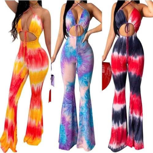 Women Summer Sexy Print Jumpsuits Rompers Gilr Casual Halter Print Lace Up Overalls Jumpsuit Sleeveless Slim Club Party Jumpsuit