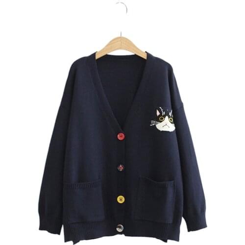 Women Cardigans Cartoon Cat Embroidery Casual Knitted Sweater 2020 Winter Long Sleeve V-neck Multicolor Button Preppy Style Top