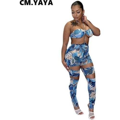 CM.YAYA Women Jumpsuit Tie Dye Print Sleeveless Halter Hollow Out Strechy Pencil Jumpstuits Sexy Fashion Outfit Summer 2021