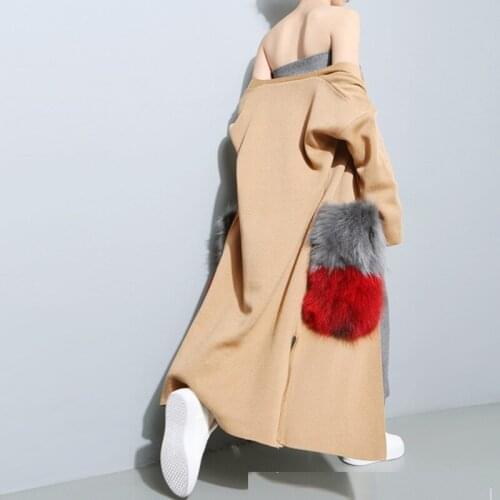 Women Hot-selling Big Fur Pockets Extra Long Knitted Cotton Sweater Cardigans Ladies Autumn Winter Jacket