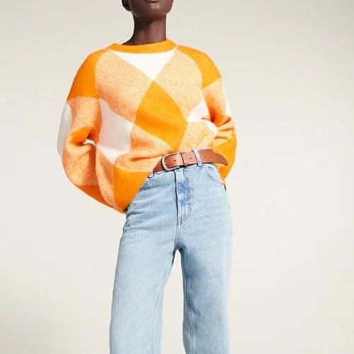 BM UR HM ZA Womens 2021 early autumn new fashion all-match retro round neck long-sleeved diamond pattern jacquard sweater