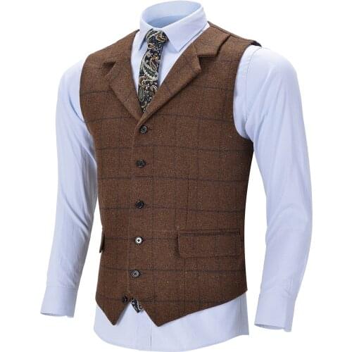 Brown Check Waistcoat MensTweed Vest Plaid Notched Laple WoolJacket Business Waistcoat for Groosmen Best Man Wedding