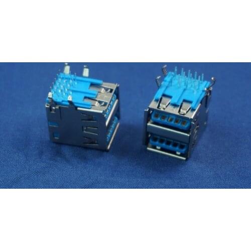 10pcs 2 ports USB 3.0 Connector A Type Female receptacle right angle through hole 18 contacts blue insulator Rohs New