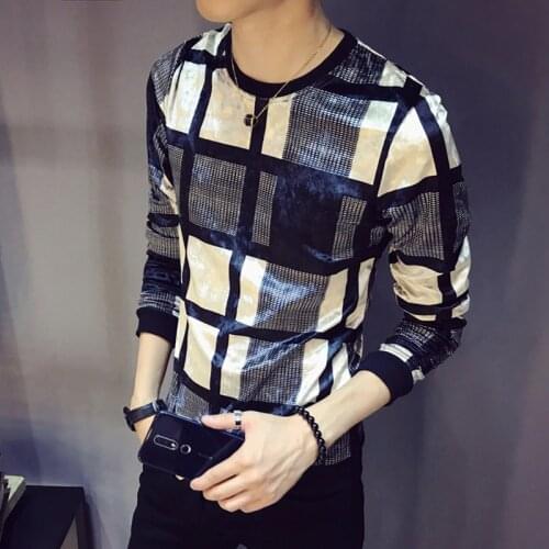 2020 Autumn Luxury Velour Lattice Printing Homme Club Outfit Men Slim Fit Long Sleeve O Neck Velvet T Shirt