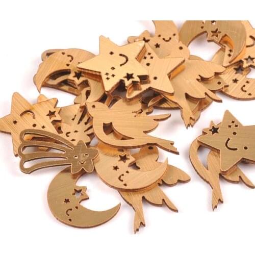 24pcs 20-40mm Wooden Ornament Golden Sequins Surface Star Moon Bird Wood Decoration DIY Carfts For Scrapbooking Home Decor m1739