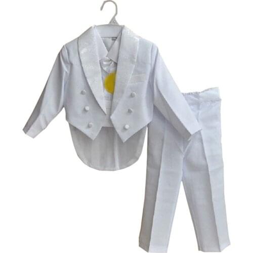 Boy White Bow Tie Christening Suits Kids Full Sleeve Formal Baptism Birthday Clothing Suits Children Ivory Gentlemen Tuxedo 5Pcs