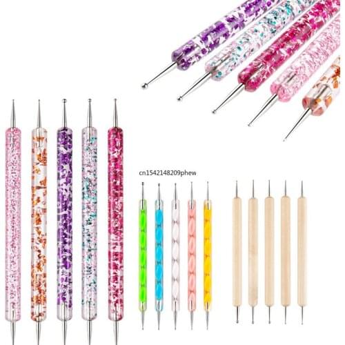 5 Pcs Nail Art Dotting Tools Pen Acrylic Double Ends UV Gel Builder Painting Drawing Carving Liner Polish Brush Bead Picking