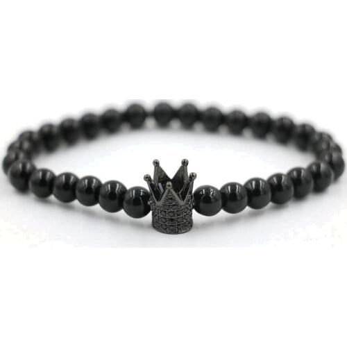 BPPCCR Micro Pave Black CZ Zirconia Gold Color King Crown Charm Men Dull Polish Matte Stone Bead Bracelets For Men Women