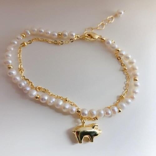 Cute Gold Pig Trojan Natural Pearl Beads Chain Link Bracelets for Women Girl Birthday Gift 2019 Fashion Charms Jewelry Pulcera