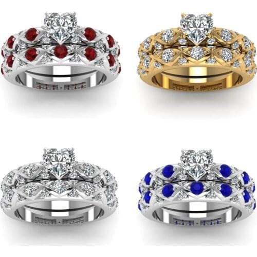 Carofeez 2pcs/Set Fashion Heart Rings Set Exquite Crystal Zircon Ring For Women Jewelry Engagement Wedding Band Girl Gift