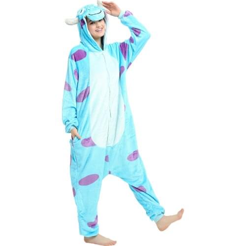 Monster Sulley Onesie Adults Animal Pajamas Suit Warm Soft Stitch Sleepwear Onepiece Winter Jumpsuit Cosplay Costumes