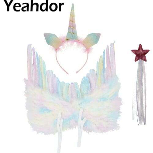 Kids Girls Angel Costumes Accessory Dress Up Halloween Clothes Cute Fairy Princess Angel Wings Cartoon Style Hair Hoop Wand Set