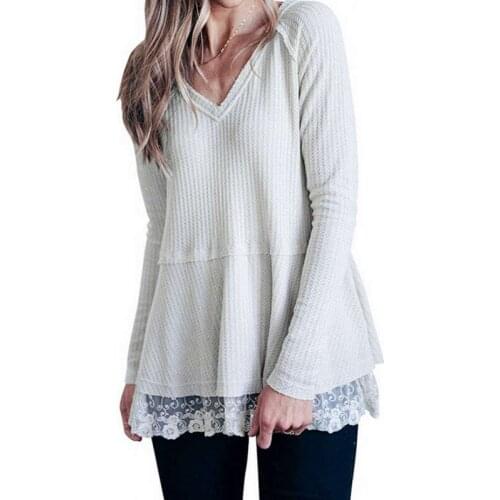 Women V-Neck Lace Patckwork Tops Loose Casual Long Sleeve Pullover Women Autumn Knitted Top Sweater