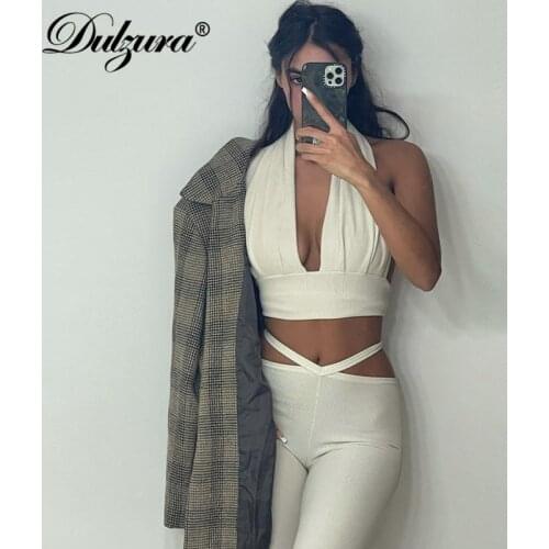 Dulzura Ribbed Women 2 Piece Set Halter Crop Top Bandage Lace Up Leggings Bodycon Streetwear 2021 Summer Tracksuit Outfit Casual