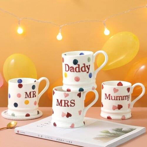 European Style Ceramic Coffee Mugs For Couple And Family With Dots And Hearts Prints And Mummy Daddy Mr Mrs Words