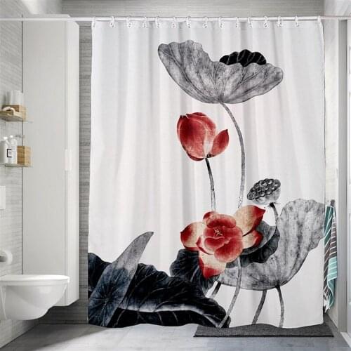 Chinese Lotus Bath curtain Waterproof Shower Curtains Polyester Bath Screen Printed Curtain for Bathroom Hotel Home Decor