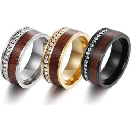 YWSHK 8MM Width Crystal Stainless Steel Ring Polished Plane Bevel Inlaid Wood Grain Mans Wedding Bands Male Rings Free Shipping
