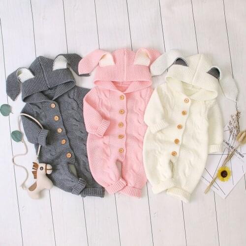 Ins Newborn Baby Knit Romper Infant Baby Girl Boy Winter Warm Coat Knit Outwear Hooded Jumpsuit Winter Toddler Baby Sweater