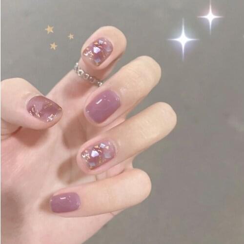 Beautiful grape pure color with gold foil and seashells decorated fake nails short size cute false nails 24pcs with glue full