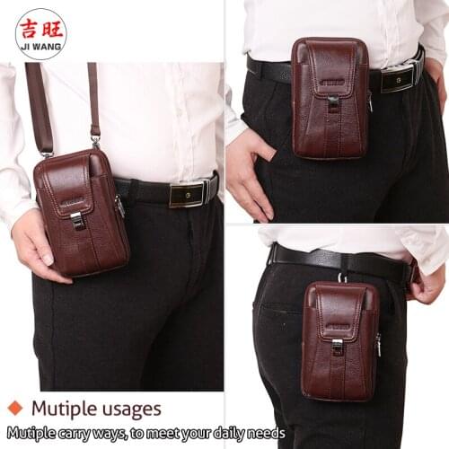 JIWANG Mens Genuine Leather Belt Waist Bag Outdoor Multi-function Mens Mini Shoulder Bag Wear Mobile Phone Hook Bag Coins Purse