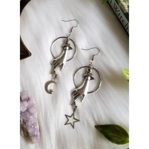 Celestial Oracle Hand Earrings, silver plated star, dangling jewelry
