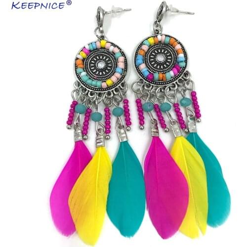 New Ethnic vintage Bohemian Dangle earrings feather tassel charms earrings Dream catcher earrings for women summer