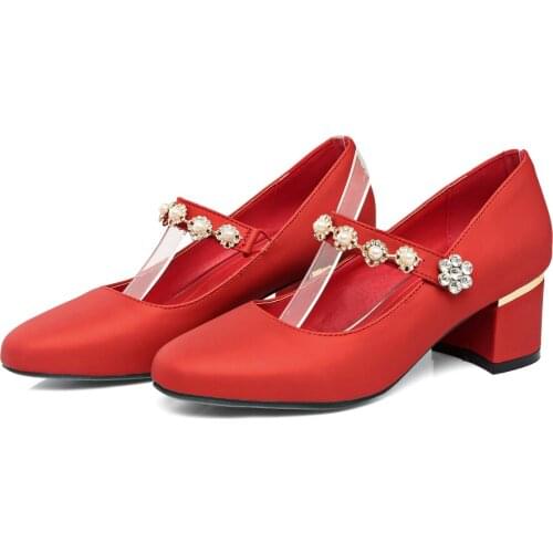 PQECFS Big size 31-48 high quality spring & autumn women solid sweet metal decoration & crystal pumps 4 colors