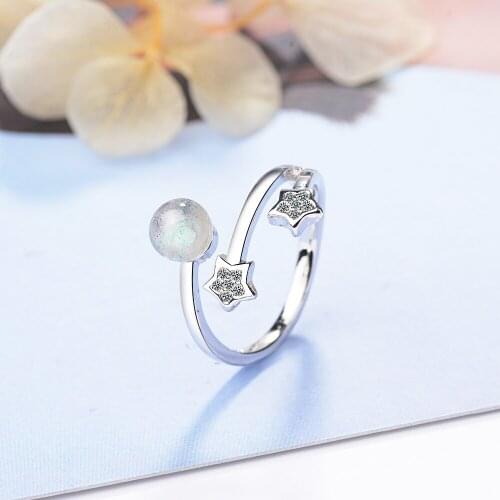 Luxury High Quality Beige Special Man Made Moonstone Lucky Five Star 925 Silver Crystal Three Layers Women Adjustable Rings