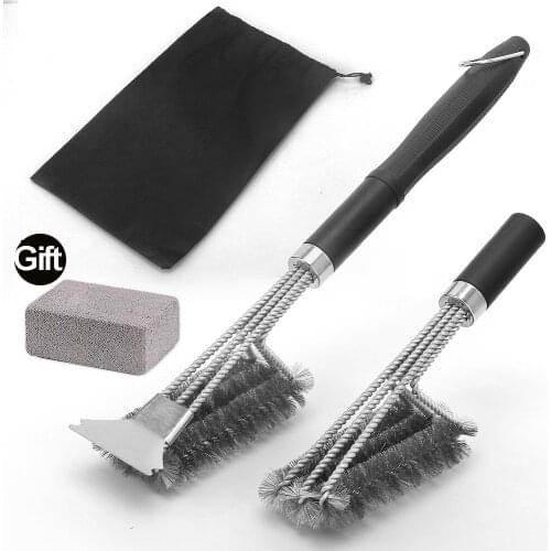 Stainless Steel Barbecue Cleaning Brush BBQ Cleaning Tool Three-Head Oven Grill Wire Brush Cooking Accessories