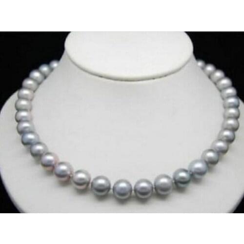 Free Shipping Round AA+ 9-10MM South Sea Genuine Gray Pearl Necklace 18inch 14K/20 Gold Clasp