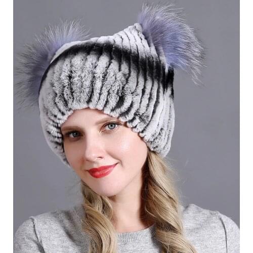 HT3284 Thick Warm Real Rabbit Fur Hat Cute Ears Women Winter Hat Lady Earflap Snow Ski Cap Female High Quality Women Beanie Hat