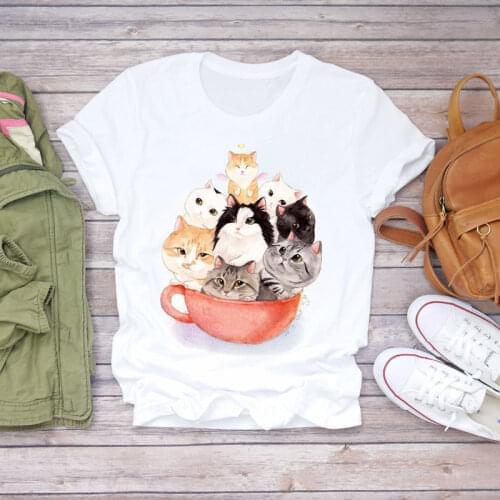 Women’s T-shirts Kawaii Cat Cartoon Printing Aesthetic Tshirts Streetwear Clothing Summer Graphic T Shirts Aesthetic Tee Top