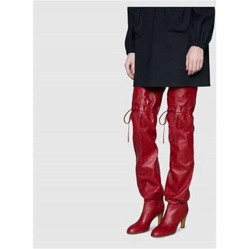 Autumn Newest Original Women Over The Knee Boot Chunky Heel Elastic Band Tall Boots Red