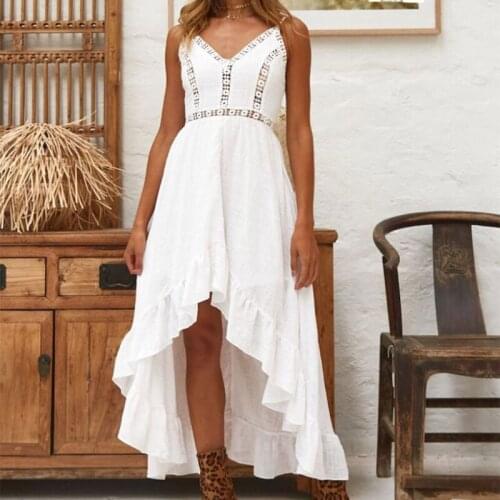 Women Summer Sapghetti Strap Sexy V-Neck Asymmetric White Long Dress Hollow Out Crochet Lace High Waist Ruffles Sundress