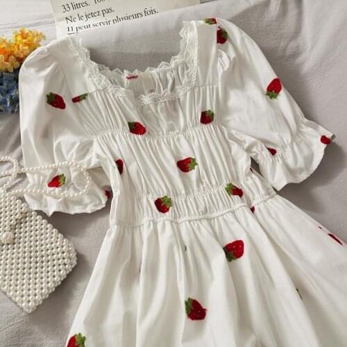 Women Summer V Neck Strawberry embroidery Dress Sweet Lace Square collar Short sleeve Dresses Female A Line Party Vestidos