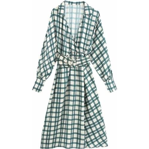 New Pop Women Dress Check Print V-neck Long Sleeves Elasticated waist Belted Midi Dress Elegant Femme Robe Ropa Mujer Vestidos