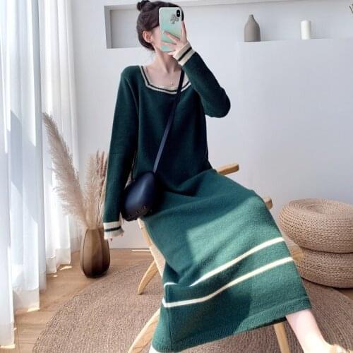 2021 New Winter Square Collar Striped Color Matching Knitted Inner Dress Loose Straight Stretch Pullover Sweater Dresses Women