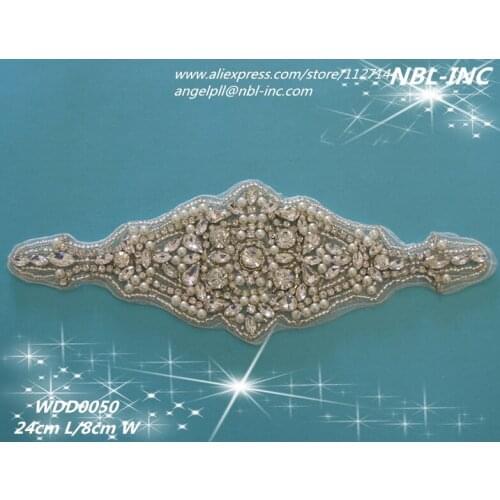 30pcs) Wholesale bridal sash beaded sewing silver crystal rhinestone applique patch iron on for wedding dresses sash WDD0050