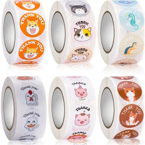 500PCS/Roll Thank You Stickers Cartoon Animals Dog Cat Pig Dragon Decorative Stickers Wrapping Grateful Gift Box Label Tags