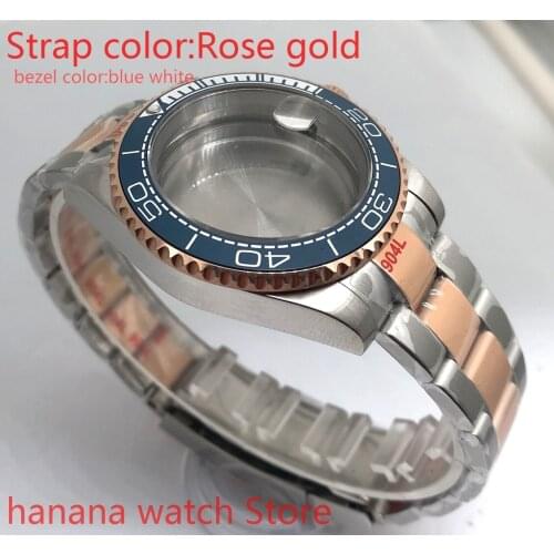 904L stainless steel rose gold strap bracelet with 40mm sapphire glass ETA mingzhuji NH36 MH35 case, blue white bezel