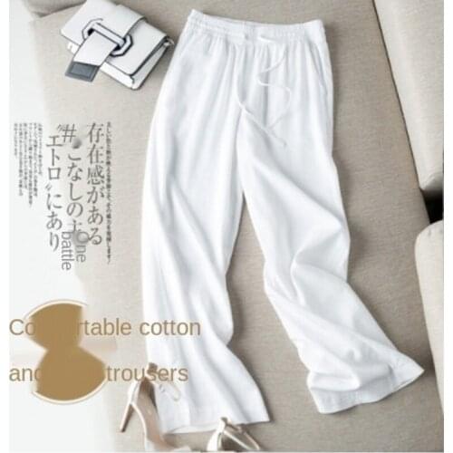 Summer 2021 Large size loose linen trousers wide leg trousers thin cotton and linen elastic waist tie straight trousers