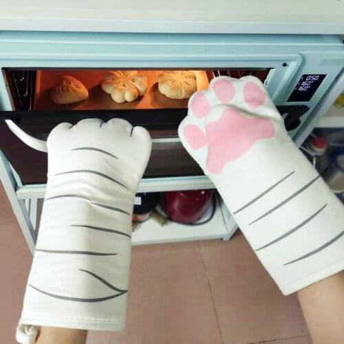 3D Cartoon Cat Paws Oven Mitts Long Cotton Baking Insulation Gloves Microwave Heat Resistant Non-slip Kitchen Gloves