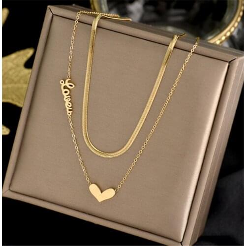 316L Stainless Steel Snake Bone Double Layer Love Necklace Personalized Peach Heart Lady Necklace