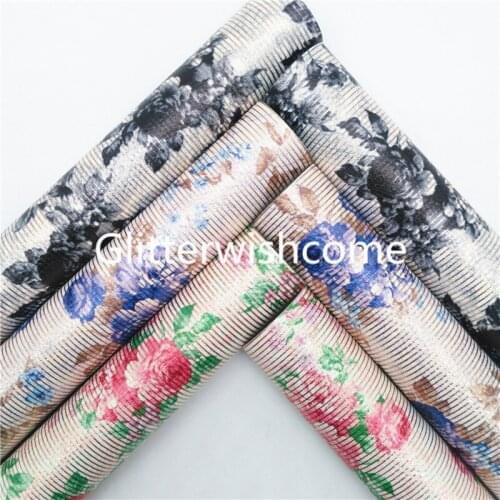 Glitterwishcome 21X29CM A4 Size Rose Flowers printed Synthetic Leather, Faux Leather Fabric Sheets for Bows GM140B
