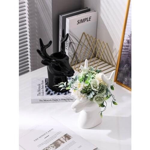 Simple Creative Lucky Deer Ceramic Vase Animal Head Ornament Decoration Nordic Style Living Room Flower Arrangement Container