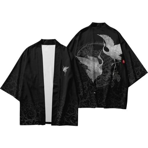 2020 Japanese Harajuku Kimono Cardigan Men Black Crane Print Cardigan Men Kimono Plus Size XS-6XL