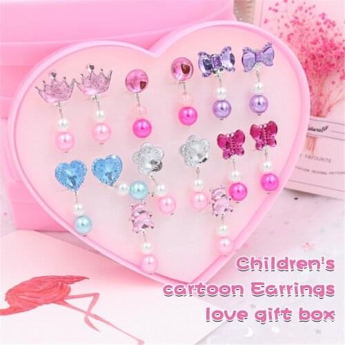 7 Pairs Kids Clip-on Earrings Set Baby Ear Clip Cartoon Clip On Earrings Accessories Heart Love Shape Earring Jewelry Gift Box