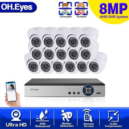 16Pcs CCTV Face playback 8MP H.265 Outdoor Surveillance Kit 8.0MP IR Security Camera Video Surveillance System 4K 16ch DVR Kits