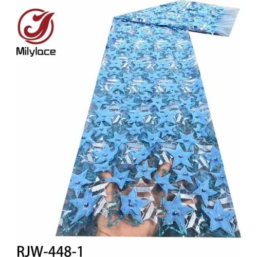 Latest African Lace Applique Tulle Lace Fabric with Beads High Quality African Nigerian Lace for Dress RJW-448